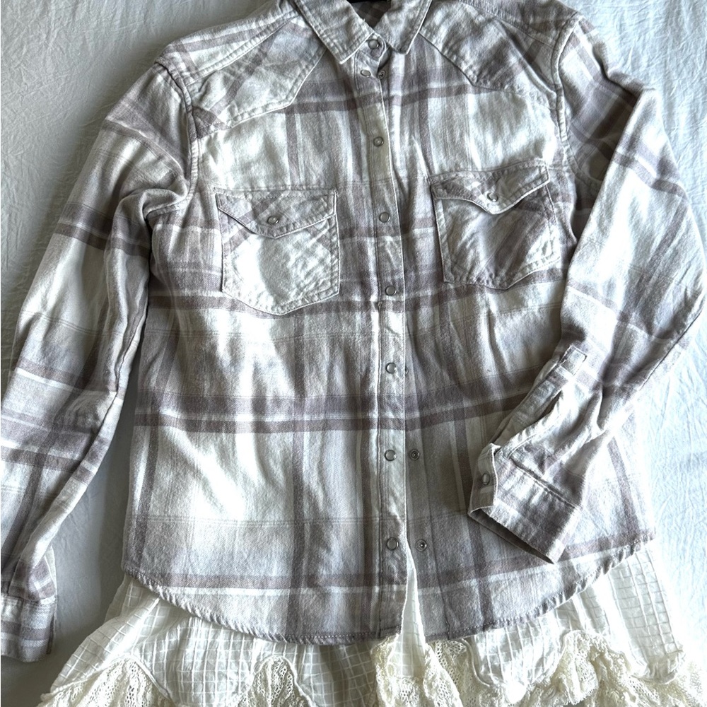 Plaid Button-Up Shirt with Lace Hem
